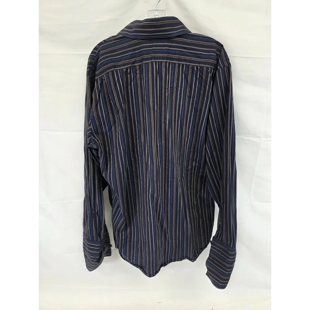 Banana Republic Mens XL Stripe Button Down Shirt Navy Blue Brown Long Sleeve